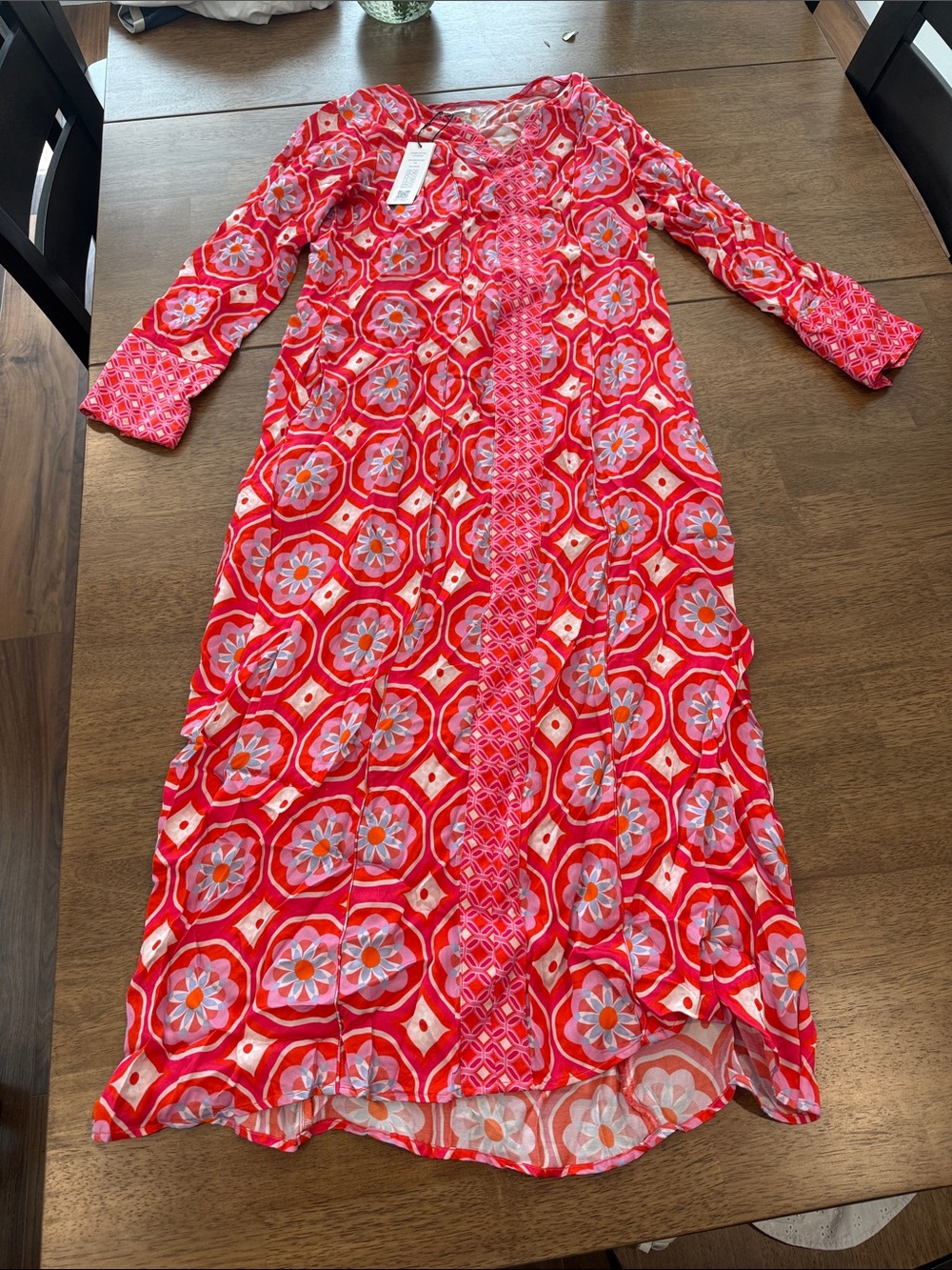 Pink-Red Floral Casual Dress with Geometric Trim